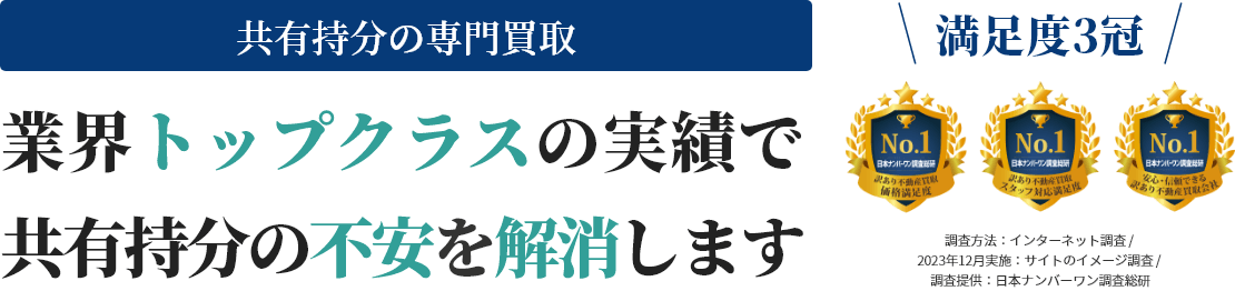 共有持分の専門買取。業界トップクラスの実績で共有持分の不安を解消します。満足度三冠！調査方法：インターネット調査 / 2023年12月実施：サイトのイメージ調査 / 調査提供：日本ナンバーワン調査総研