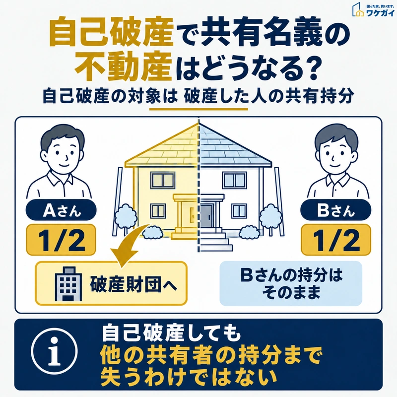 自己破産した共有者の持分だけが破産財団の対象となり、他の共有者の持分は残ることを示す図解