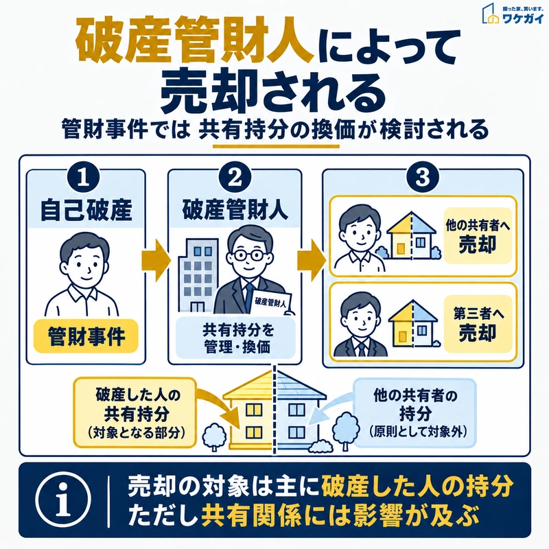 破産管財人が破産した人の共有持分を管理し、他の共有者や第三者への売却を検討する流れの図解