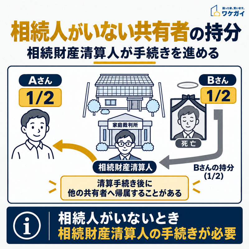 不動産を2分の1ずつ共有するAさんとBさんのうち、Bさんが死亡した場合に、相続財産清算人による清算手続きを経て、Bさんの共有持分がAさんに帰属することがある仕組みを示したイラスト。