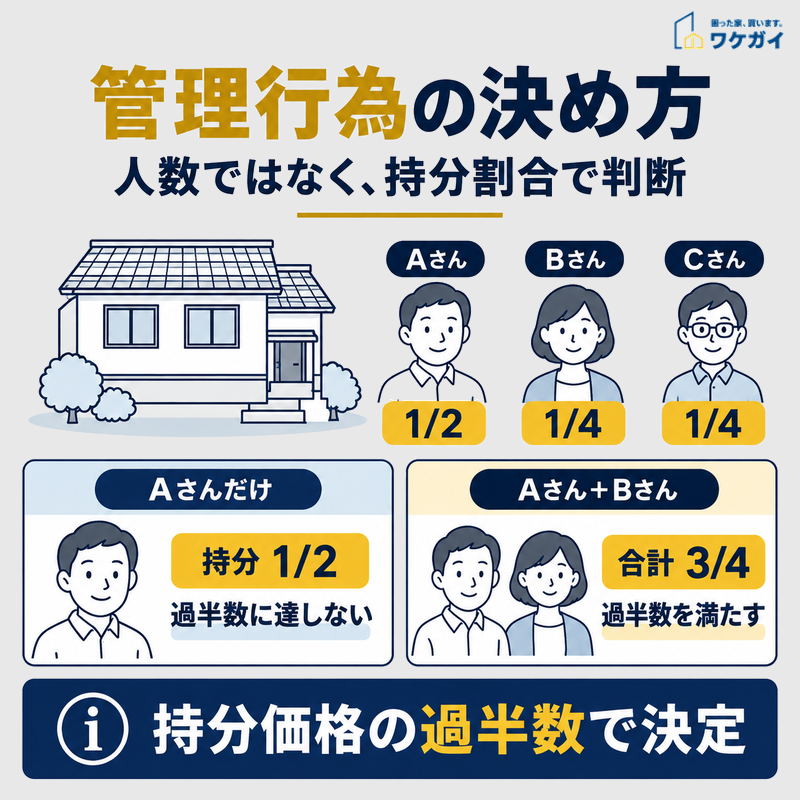共有不動産の管理行為について、Aさん単独の持分2分の1では過半数に達せず、Bさんの4分の1を合わせた4分の3なら過半数を満たすことを示した比較図解