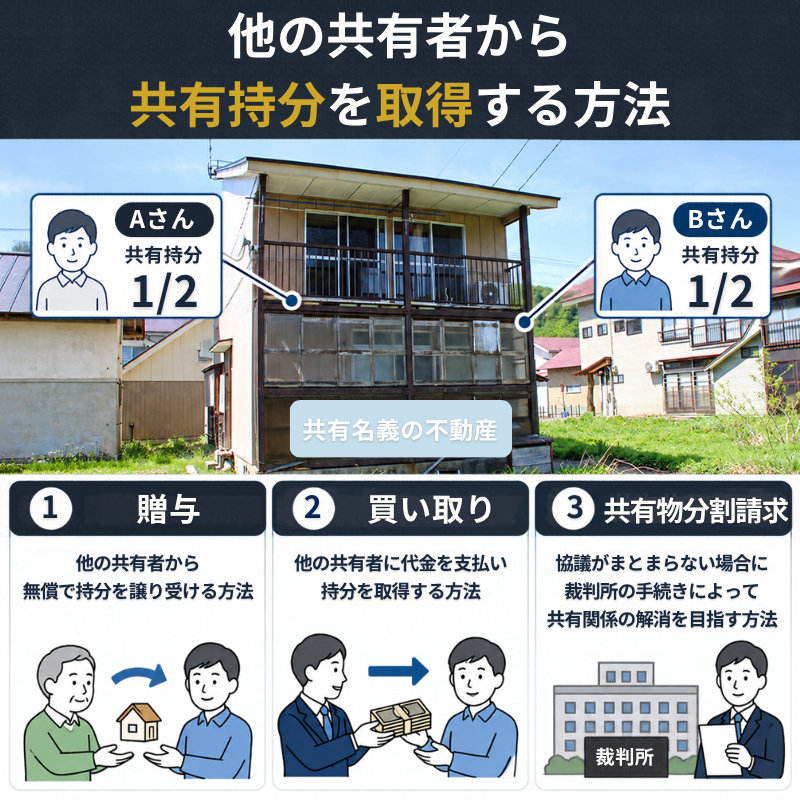 AさんとBさんがそれぞれ2分の1ずつ所有する共有名義の住宅を例に、他の共有者から共有持分を取得する3つの方法「贈与」「買い取り」「共有物分割請求」を比較した図解