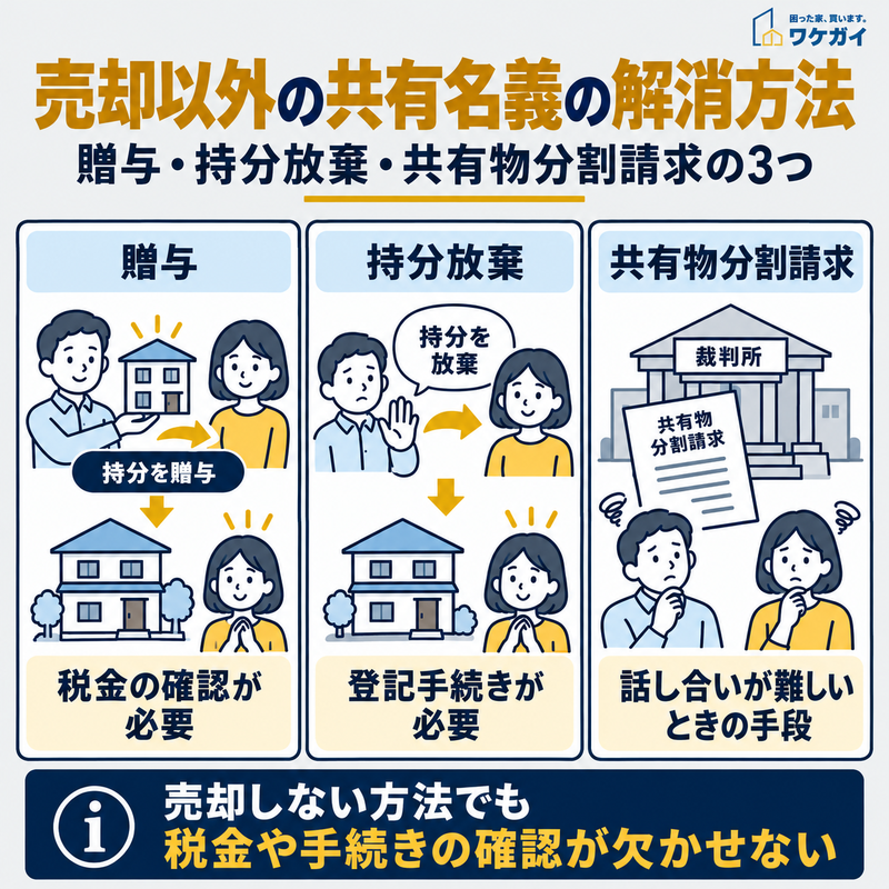 共有不動産の売却以外の解消方法として、共有持分の贈与、持分放棄、共有物分割請求の3つとそれぞれの注意点を比較したイラスト