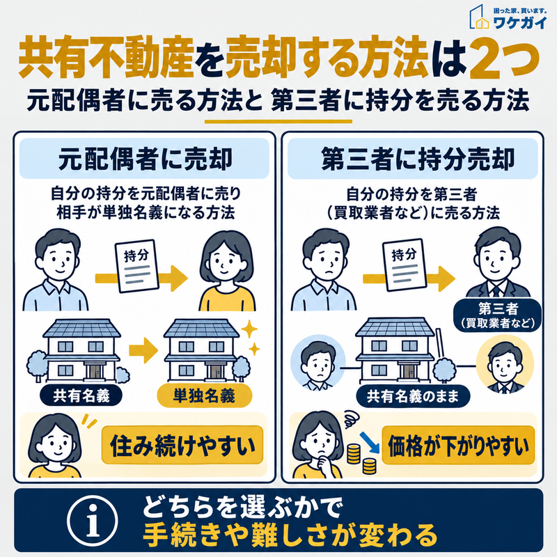 離婚時に自分の共有持分を元配偶者へ売却して単独名義にする方法と、第三者へ売却して共有状態が続く方法を比較したイラスト