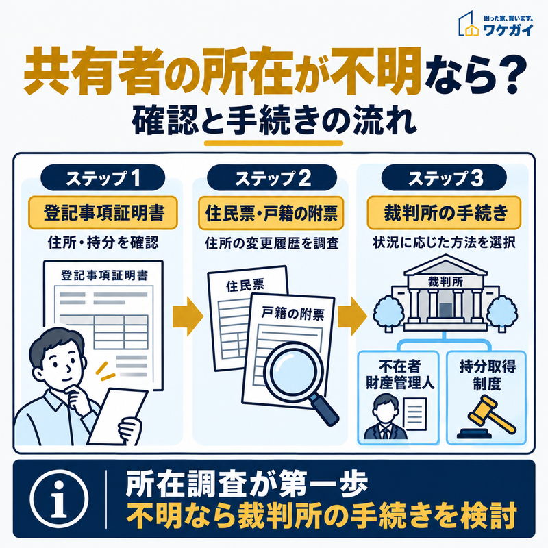 共有者の所在が不明な場合に、登記事項証明書の確認、住民票・戸籍の附票による住所調査、裁判所での不在者財産管理人選任や持分取得制度の検討へ進む流れを示したイラスト。