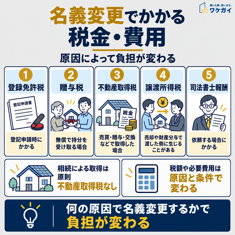 不動産の名義変更で発生する主な税金と費用をまとめた図解