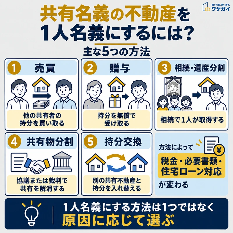 共有名義の不動産を1人名義にする5つの方法をまとめた図解