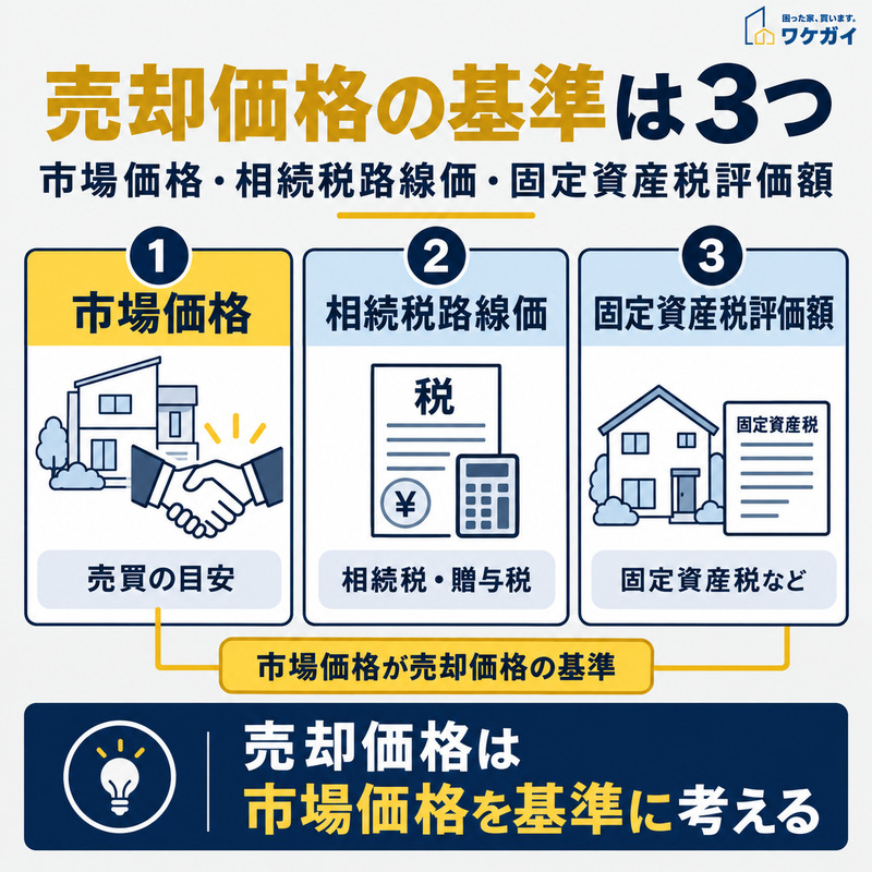 市場価格・相続税路線価・固定資産税評価額の3つを住宅や書類のイラストで比較した図解