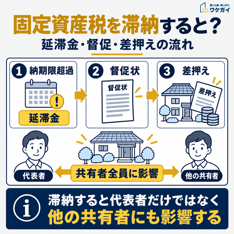 共有名義の固定資産税を滞納した場合の延滞金発生、督促状送付、財産差押えの流れと、代表者以外の共有者にも影響が及ぶことを示す図解