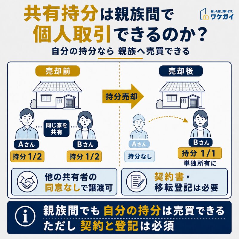 共有持分を親族間で個人売買し、共有状態から単独所有になる流れを示した図