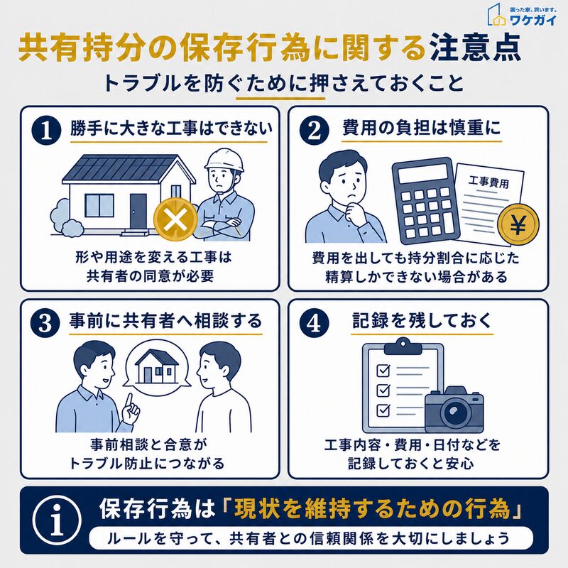 共有持分の保存行為に関する注意点を4項目で示した図解
