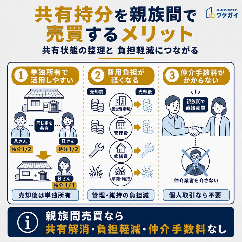 共有持分を親族間で売買するメリットを、単独所有化・費用負担の軽減・仲介手数料不要の3点で示した図