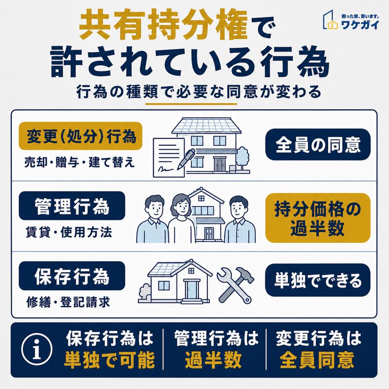 共有持分権で許されている変更行為・管理行為・保存行為と必要な同意の違い