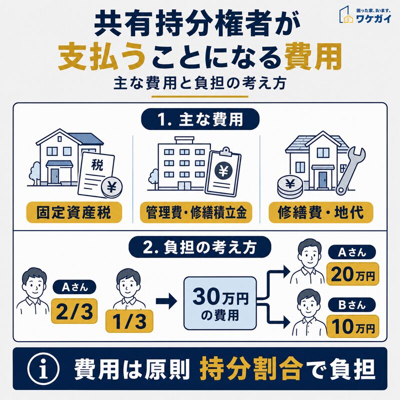 共有持分権者が支払う固定資産税・管理費・修繕費と持分割合による費用負担