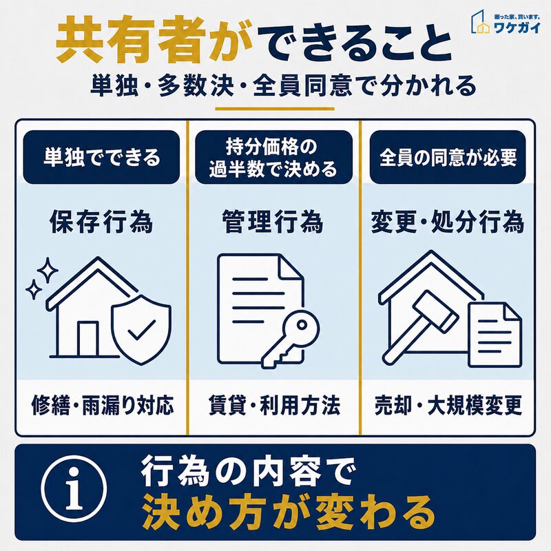 共有者ができる保存行為・管理行為・変更や処分行為の違いを示した図解