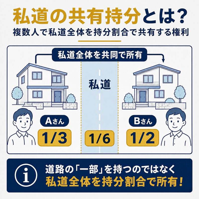 私道の共有持分とは、私道全体を複数人が持分割合で共有する権利であることを示す図