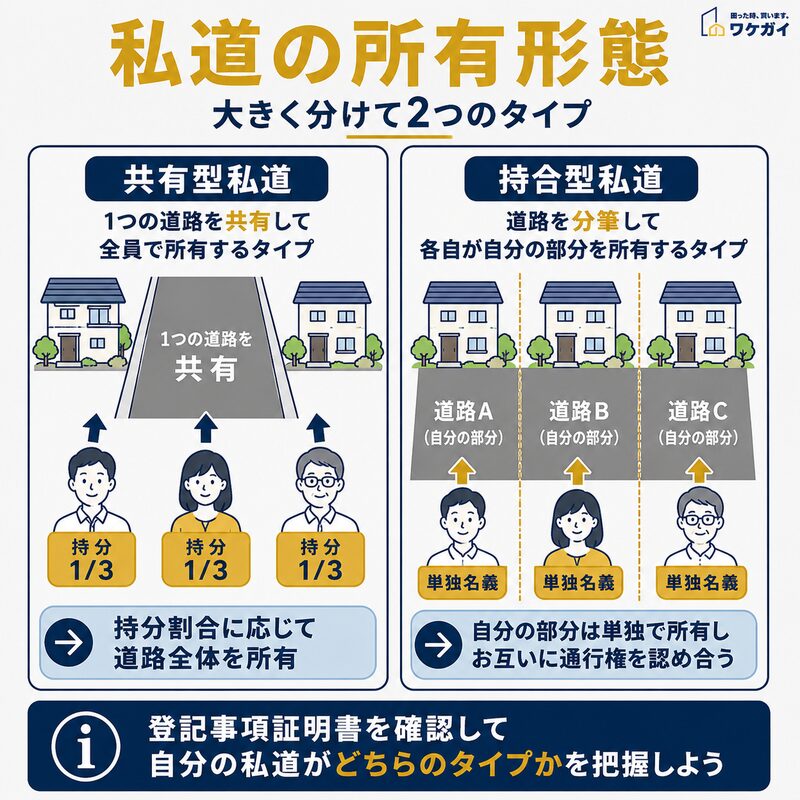 私道の所有形態である共有型私道と持合型私道の違いを示す図