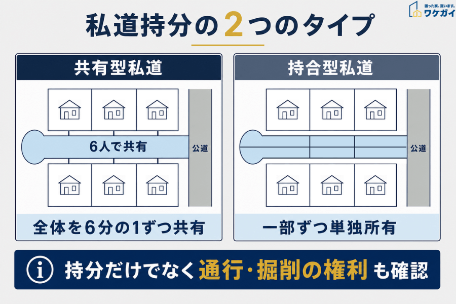 共有型私道と持合型私道の違いを示す配置図