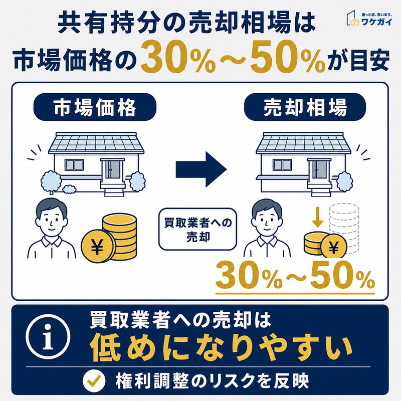 共有持分の売却相場は市場価格の30％〜50％が目安であることを示す図