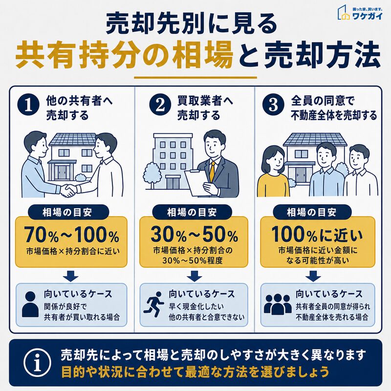 共有持分の売却先ごとの相場と売却方法を比較した図