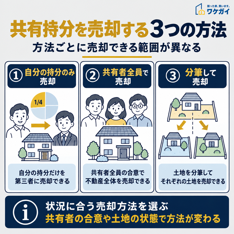 共有持分の売却方法を、自分の持分のみの売却、共有者全員による売却、土地の分筆による売却の3種類に分けて比較したイラスト図解。