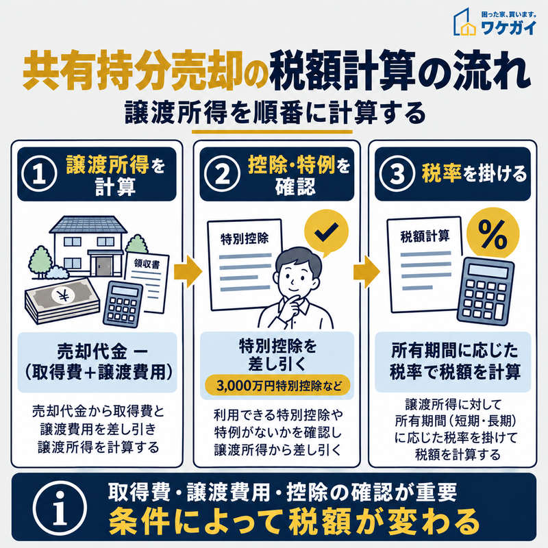 共有持分売却時の譲渡所得の計算、控除・特例の確認、所有期間に応じた税率の適用という3つの手順を示すイラスト図解。