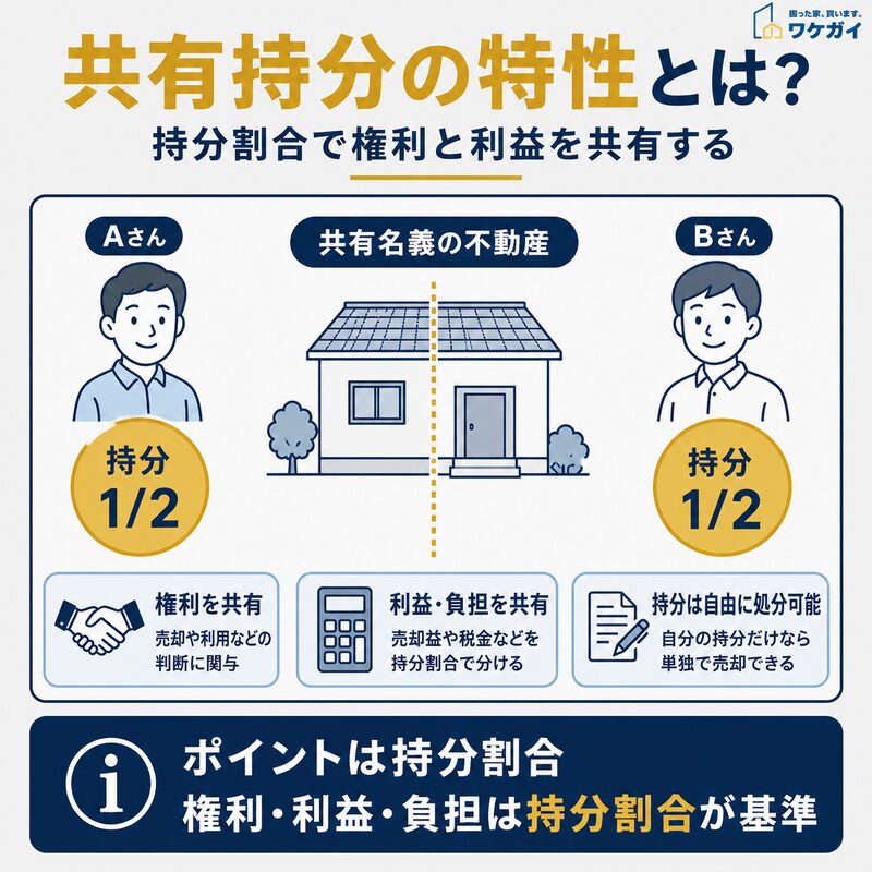 共有持分の特性と持分割合による権利・利益・負担を示した図解