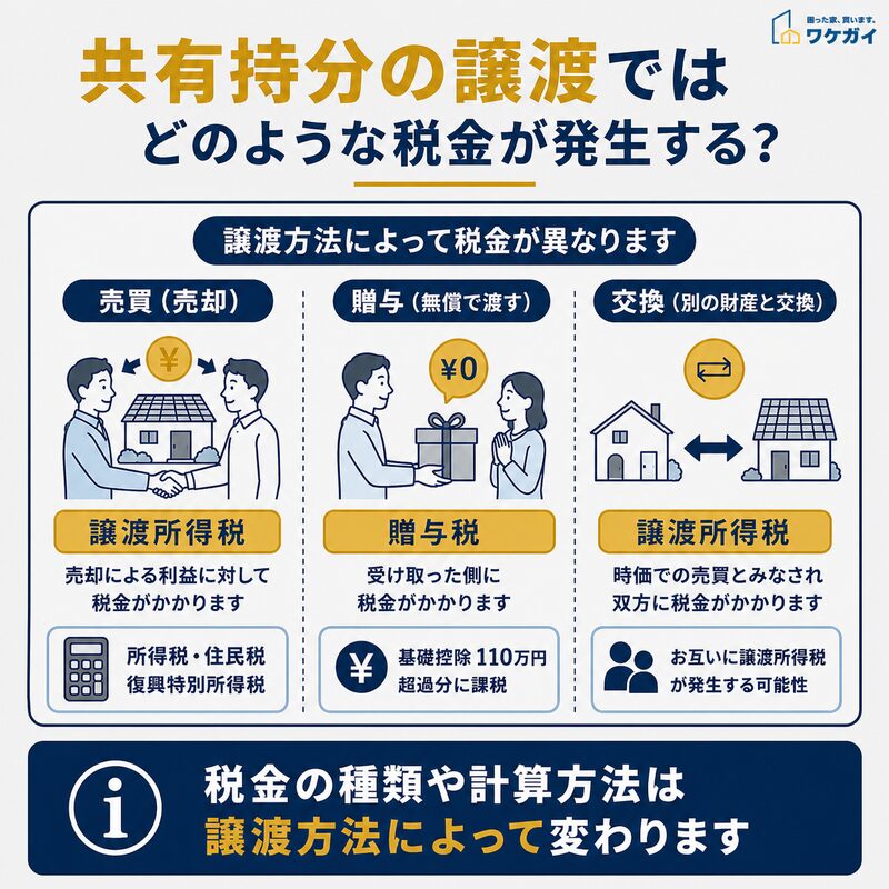 共有持分の譲渡方法ごとに発生する税金を示した図解