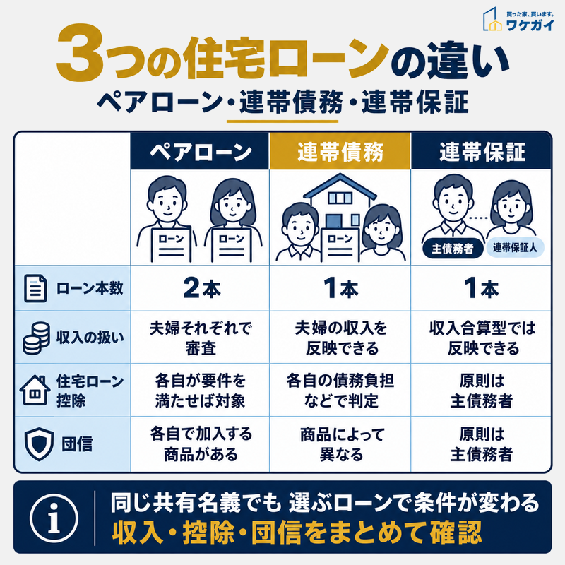 ペアローン・連帯債務・連帯保証の違いを比較した図