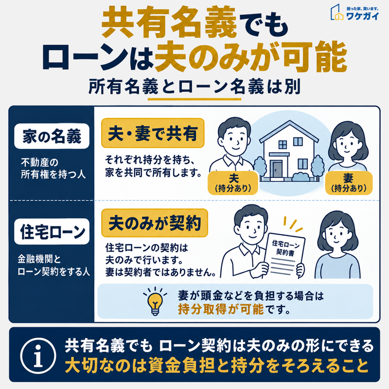 共有名義の住宅で夫のみが住宅ローンを契約する仕組みを示した図