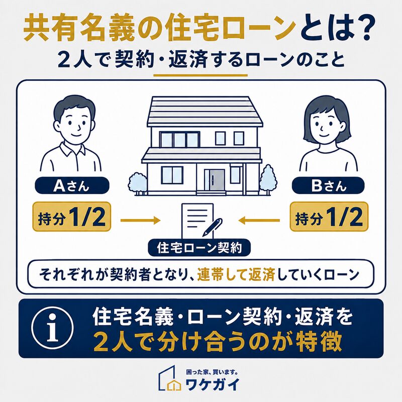 共有名義の住宅ローンでAさんとBさんがそれぞれ持分2分の1を持ち、住宅ローンを契約・返済する仕組みの図解