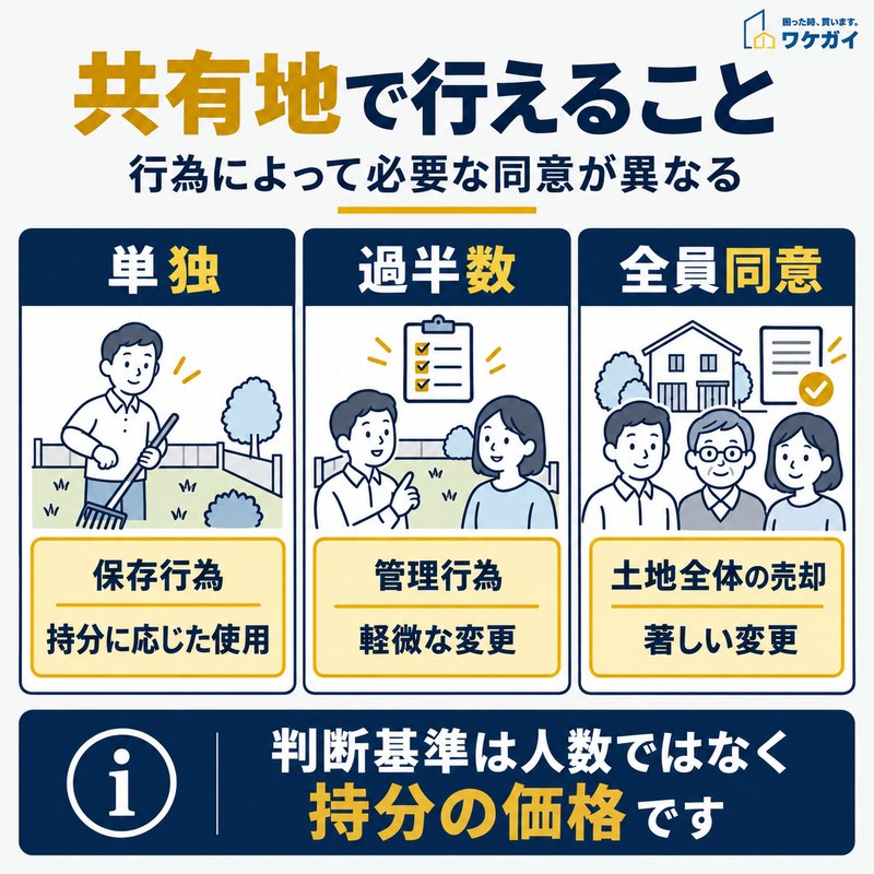 共有地の保存行為・管理行為・変更行為について、単独、持分の過半数、共有者全員の同意という3つの区分をイラストで比較した図解