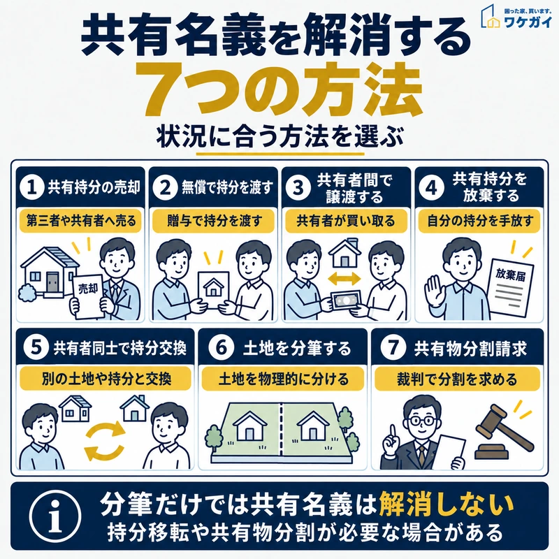 共有持分の売却や放棄、分筆、共有物分割請求など共有名義を解消する7つの方法を示した図解