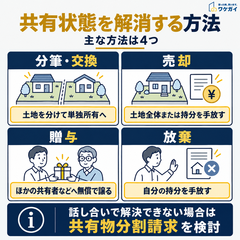 土地の共有状態を解消する分筆・交換、売却、贈与、放棄の4つの方法を、土地や住宅、人物のイラストで比較した図解