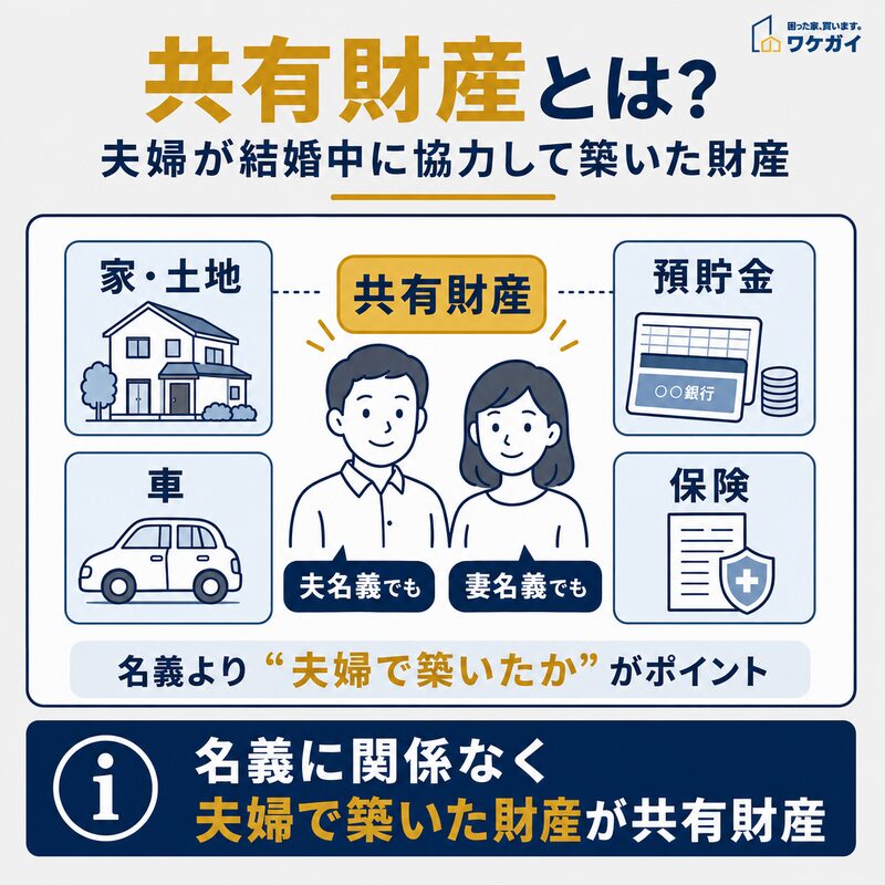 共有財産とは夫婦が結婚中に協力して築いた財産であることを示す図解