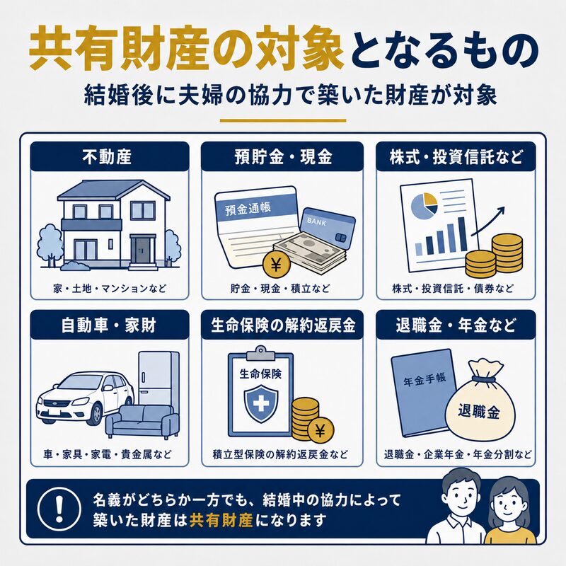共有財産の対象となる不動産、預貯金、株式、自動車、保険、退職金などを示す図解