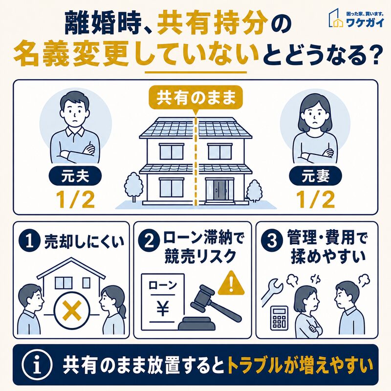 離婚後も共有名義のままにした場合の売却・ローン・管理費トラブルを示す図解