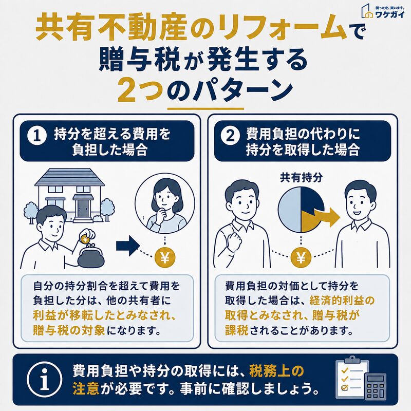 共有不動産のリフォームで贈与税が発生する2つのパターンを示す図解