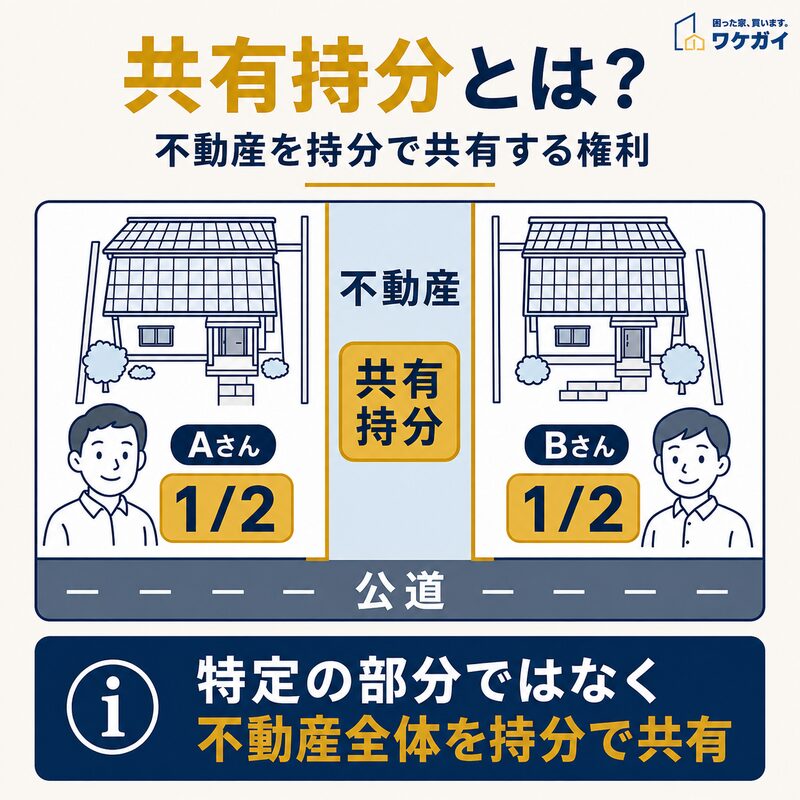 共有持分とは不動産全体を持分割合で共有する権利であることを示す図