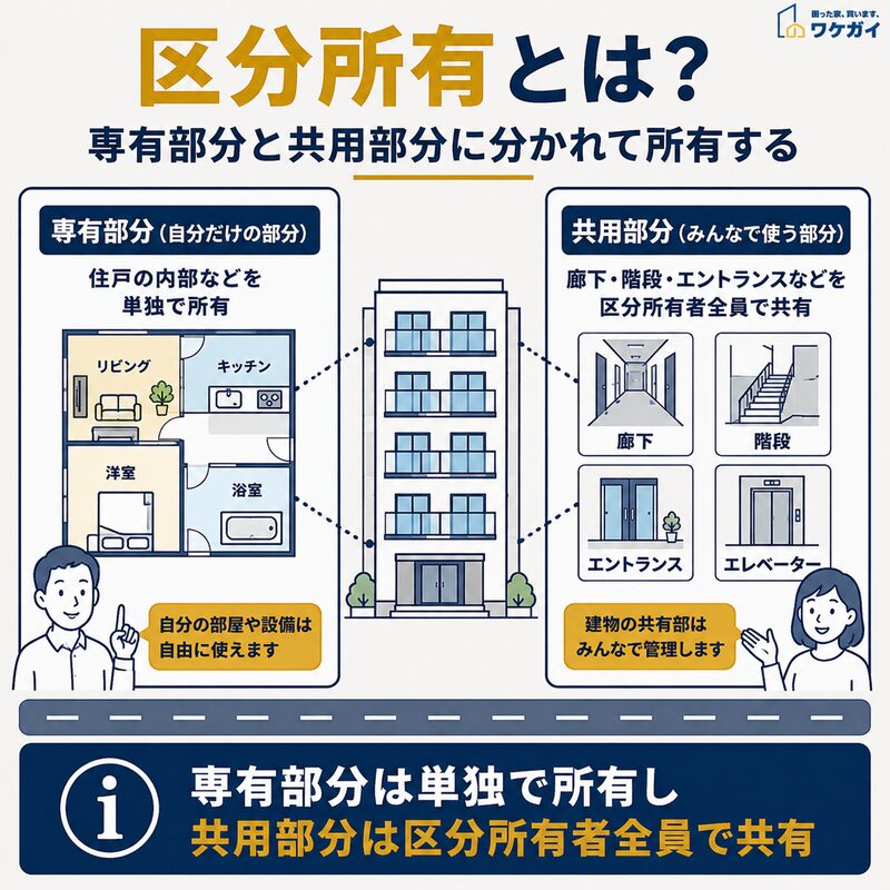 区分所有とは専有部分を単独で所有し共用部分を区分所有者全員で共有する仕組みを示す図