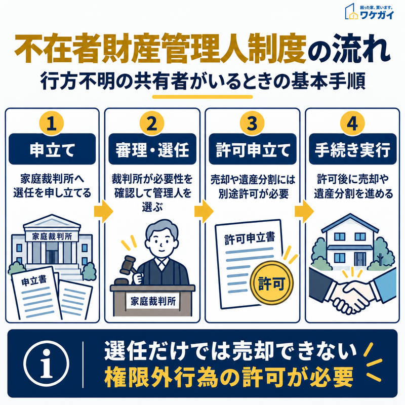 不在者財産管理人の申立てから審理・選任、権限外行為許可、手続き実行までの流れを示した図