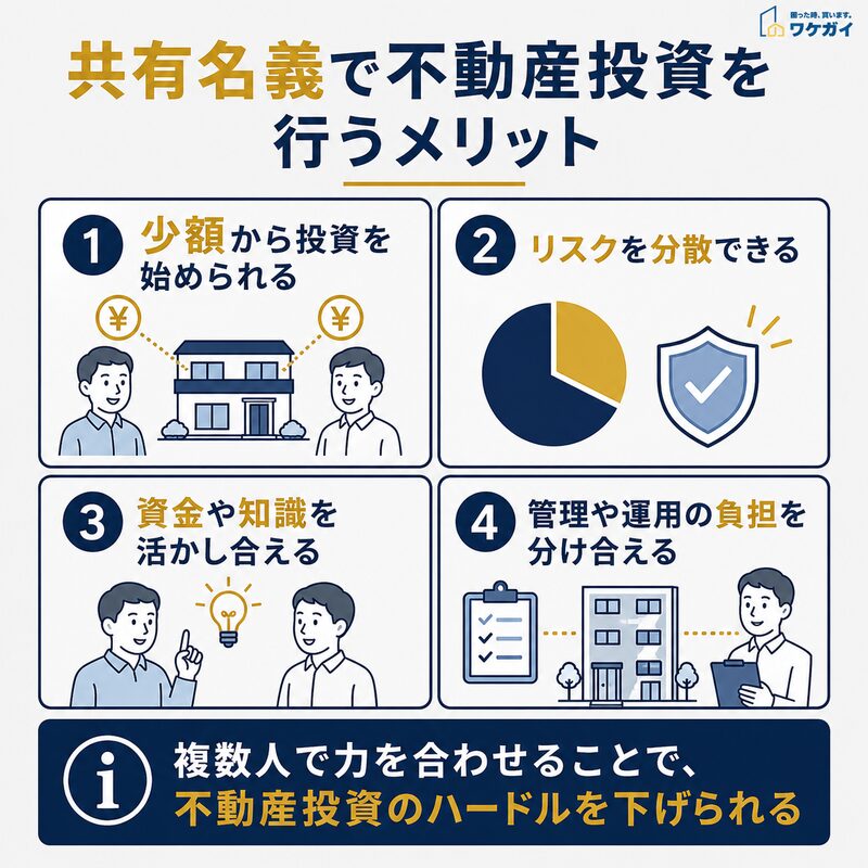 共有名義で不動産投資を行う4つのメリットを示した図解