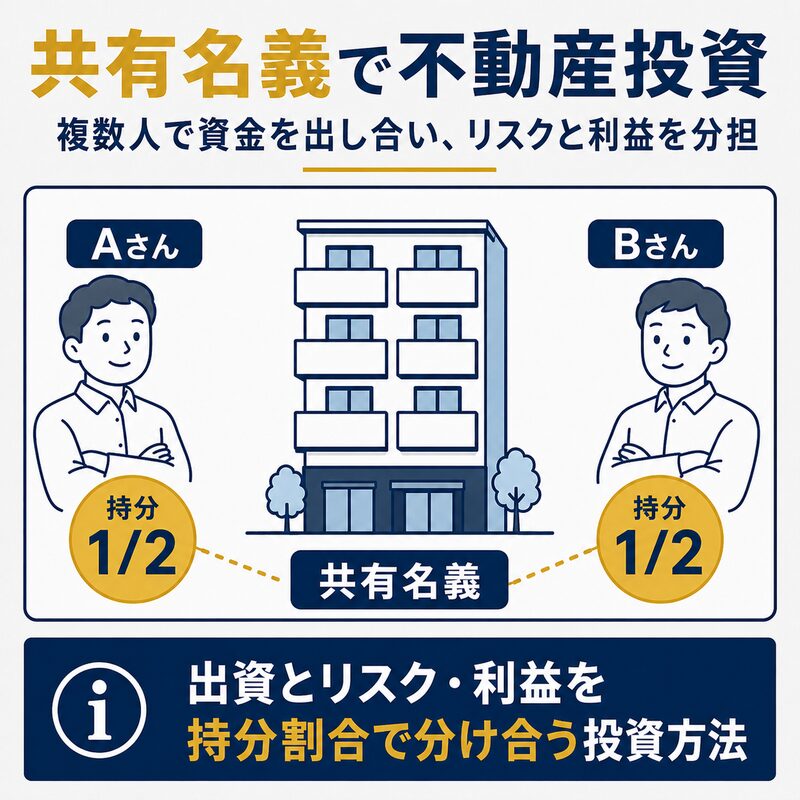 共有名義で不動産投資を行い、2人が持分2分の1ずつ所有する仕組みを示した図解