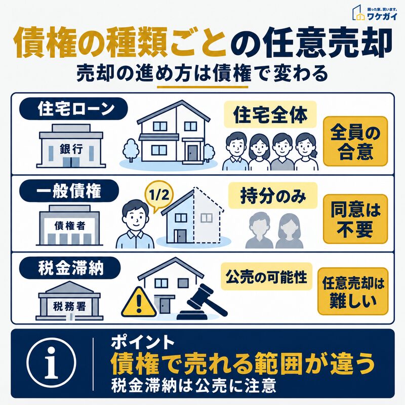 住宅ローン・一般債権・税金滞納で任意売却の対象や必要な同意が異なることを示した図解