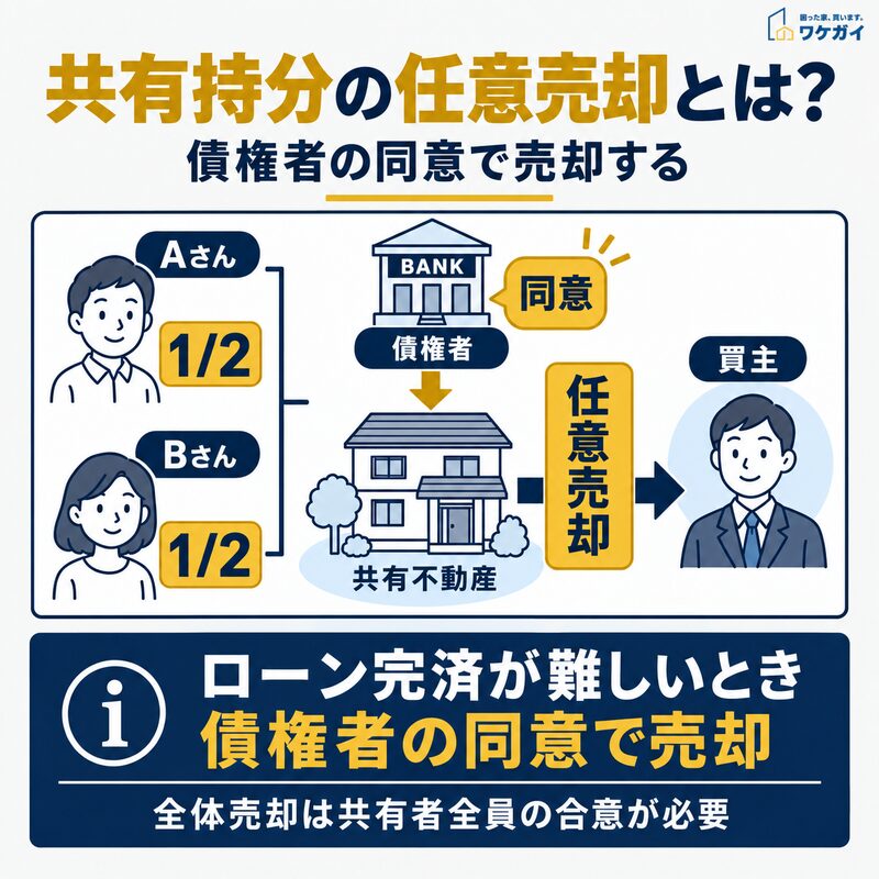 共有持分の任意売却の仕組みを示す図解。共有者Aさん・Bさん、債権者、買主の関係と、債権者の同意で任意売却する流れ