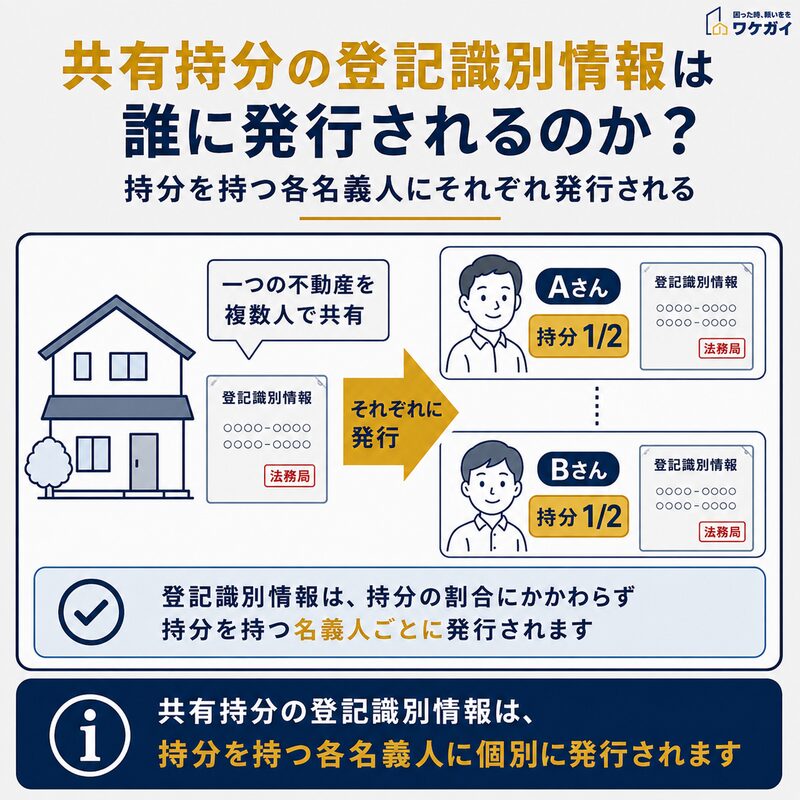 共有持分の登記識別情報が持分を持つ各名義人に個別発行されることを示した図解