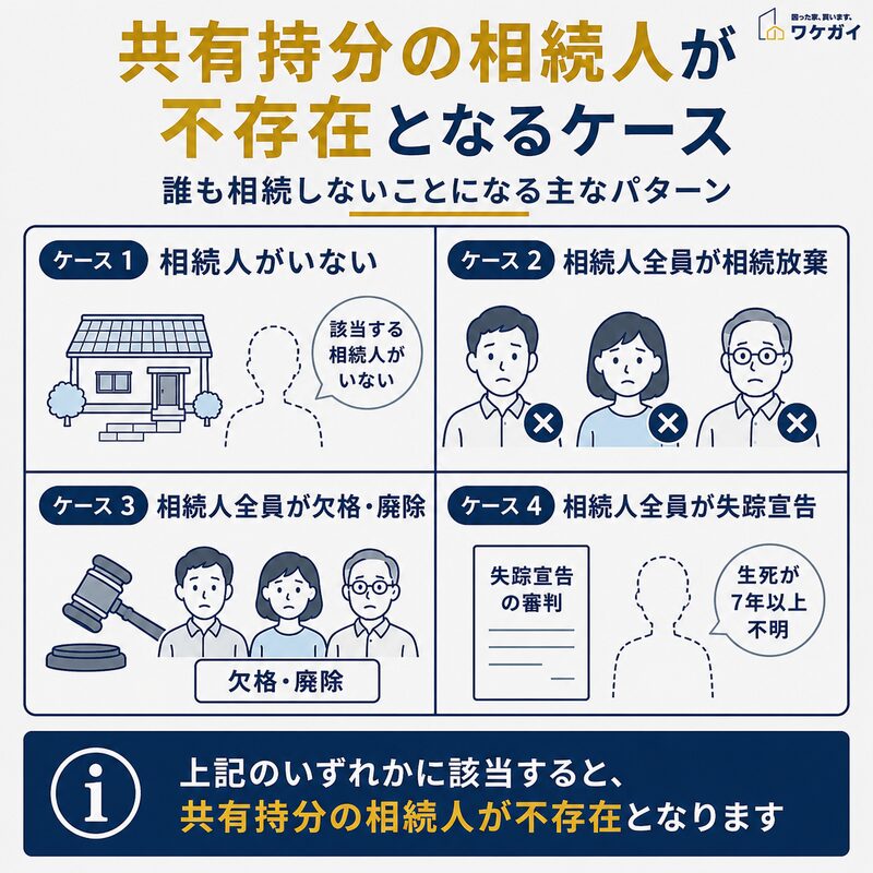 共有持分の相続人が不存在となる主なケースを解説した図