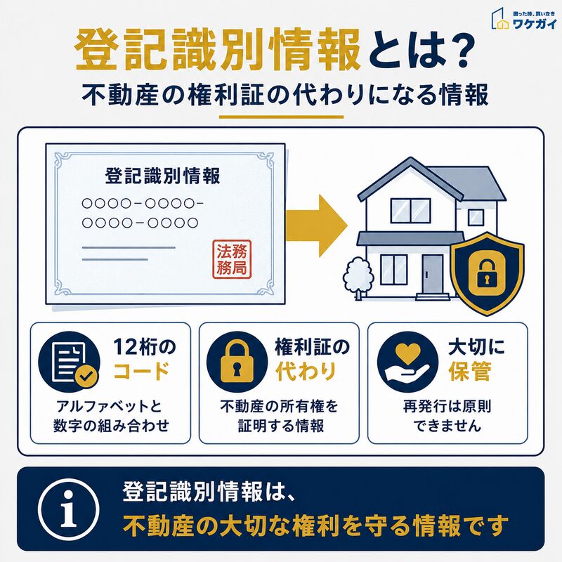 登記識別情報の概要と12桁のコード、権利証の代わりになる役割を示した図解