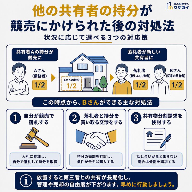 他の共有者の持分が競売にかけられた後に選べる3つの対処法を示した図解