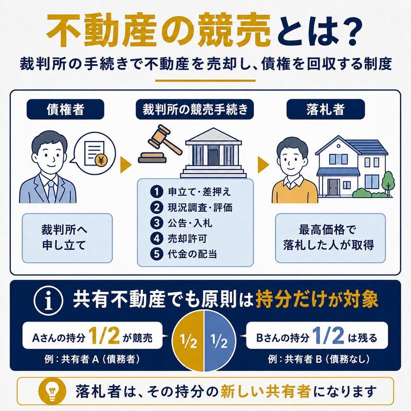 不動産競売の流れと共有不動産では原則として債務者の持分だけが競売対象になることを示した図解